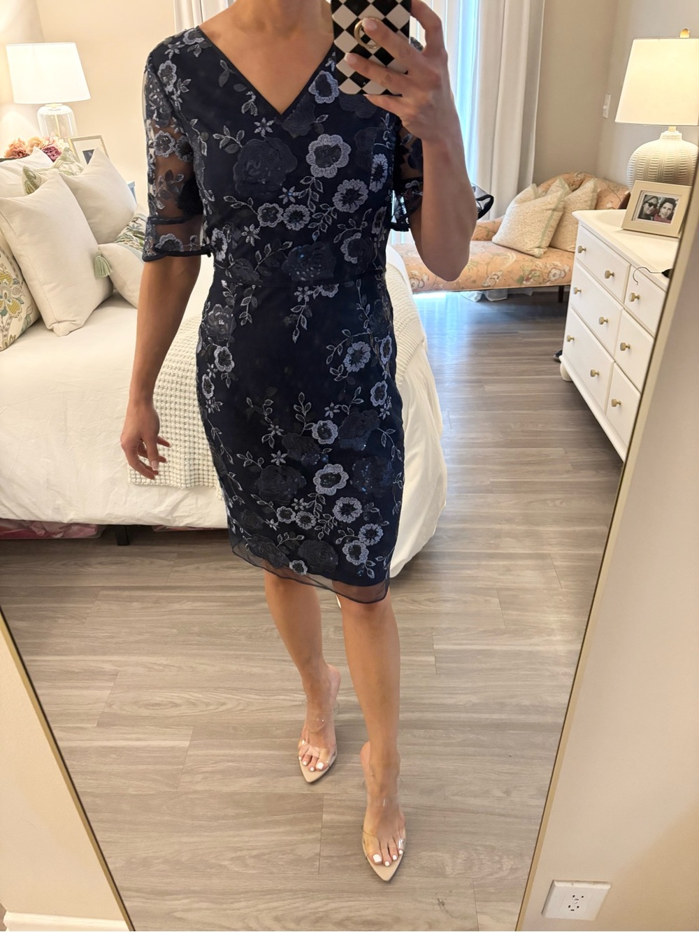 ✨ SHANI Collection Navy Embroidered Beaded V-Neck Sheath Dress ✨